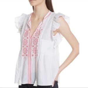 KATE SPADE mosaic embroidered blouse smocked ruffles tops white M NWT
